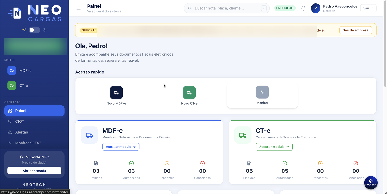Painel do sistema Neo Cargas